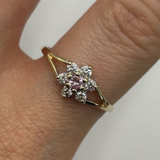 Pink & White Diamonique Daisy Flower Cluster Ring 9ct 9k Yellow Gold- Size R 1/2