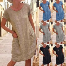 Womens Summer Cotton Linen Midi Dress Ladies Casual Loose Pocket Dresses Size UK