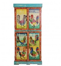 UNIQUE QUIRKY LARGE HEAVY HAND PAINTED COCKERELS KITCHEN STORAGE LARDER CUPBOARD
