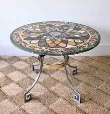 Vintage Italian Greek Key Brass Pietra Dura Marble Top Dining Hall Side Table