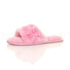 WOMENS LADIES FLUFFY FUR LINED LOUNGE INDOOR SLIDES FLIP FLOPS PEEP TOE SLIPPERS