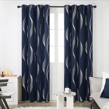 Deconovo  Curtains Navy  Blue Panels Wave Line Foil 66 x 72 Inch 2 Panel 