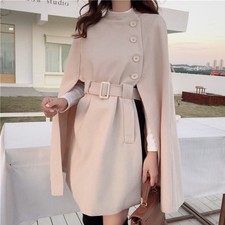 Ladies Loose Batwing Sleeves Poncho Outwear Belt Slim Cloak Cape Coat Wool Blend