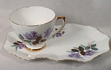 Vintage Delphine Teacup and Saucer Plate Set Purple Roses Pattern Bone China