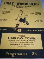CRAY WANDERERS v HARLOW TOWN. 13th SEPTEMBER 1958, LONDON LEAGUE SENIOR SECTION