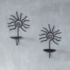 Pair of vintage 90s welded steel sun ray spiral swirl candle wall sconces