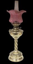 Antique Oil Lamp, Brass Veritas Lamp Works Burner, Cranberry Glass Shade