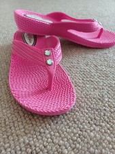 Hot Pink Diamante Rope Effect Rubber Low Wedge Comfort Flip Flops UK 4/5/7