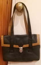 NEW Joshua Taylor real leather mini-satchel handbag, black trimmed in tan