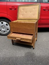Vintage Wooden Sewing Box Large Solid Sewing Box On Legs W/ Wheels(see Descrip.)