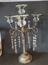 VINTAGE 4 ARM METAL CANDELABRA WITH GLASS HOLDERS & PLASTIC DROP BEADS