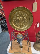 Vintage Large Brass Colonial 16” Oval hanging Bar Scene Wall Plaque