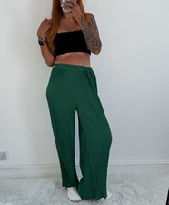 Ladies Green Elasticated High Waist Wide Leg Crinkle Trousers Size 10