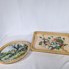 Vintage Serving Trays Rectangular Robin & Oval Wagon Traveller Scene Woven Edges