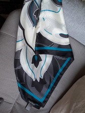 Ladies 100% Silk Scarf Large Square Black, White, Teal & Grey