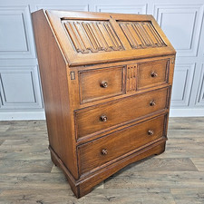 Antique Vintage Solid Oak Bureau Writing Desk - Carved Linenfold Front - Drawers
