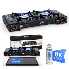 2-Burner Camping Stove Outdoor Camping Gas Grill Plate + 8x Gas Cartridge