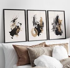 Abstract Wall Art Prints Set of 3 Black and Gold Paint Geometric Poster Prints