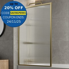 Brushed Brass Over Bath Shower Screen Fluted Glass Square Frame Reversible 800mm