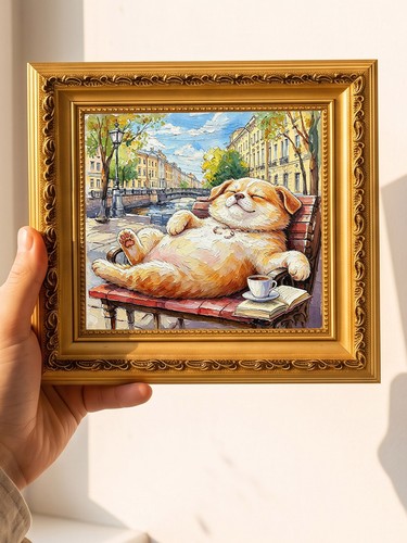 Puppy lounging bench oil - on,