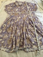 Size 24 Button Through Short Sleeve Dress Dropped Waist Lilac Multi [#043]