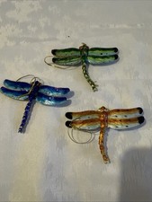 Set of 3 enamel dragonfly ornaments metal effect hanging decor Tree Decoration