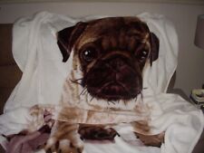 THROW BLANKET  NEW FLEECE  WHITE WITH LARGE PUG DOG  150 X 200 CM