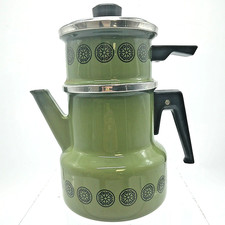 Retro Vintage 1960's Kitchenalia, Green Enamel Stove Top Percolator Coffee Pot