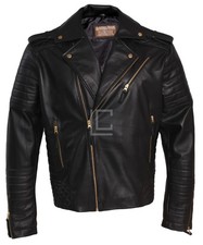 Men's Stylish Motorcycle Lambskin Genuine Leather Biker Jacket Black Gold Zipper