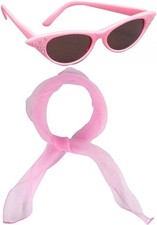 Women's Girl's Retro 50s Rock Roll Grease Pink Scarf & Glasses Fancy Dress Set