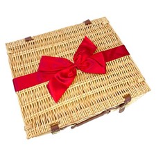 Empty Natural Wicker Hamper Baskets with Lids & Red Satin Bow - Christmas hamper