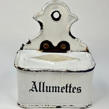 Antique French Kitchen Wall Hanging White Enamel Matches Container With Lid