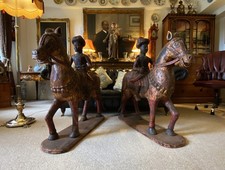 Large, Superb Pair 18th-Century Polychrome Carved Mughal Horses with Riders