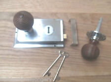 CHROME- CLASSIC OLD ENGLISH RIM DOOR LOCK KNOB HANDLE- Beehive Teak + Chrome
