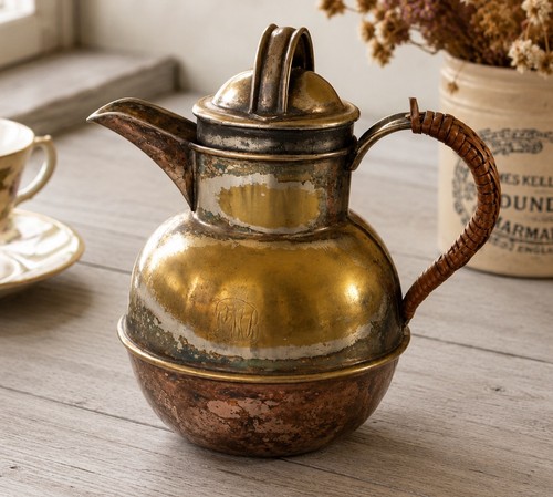 Vintage brass copper tea pot - tea,
