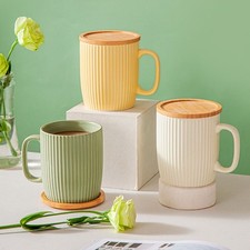 400ml Ceramic Mug Vertical Grain Mug With Cover Office Coffee Cup Breakfast Cup◈