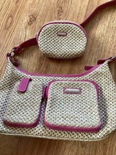 Ladies  Rattan Effect Handbag With Matching Purse Pink Trim Bnwot By Rosetti