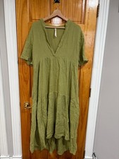 By Anthropologie Crinkle Gauze Tiered Maxi Dress Olive Green V-Neck Short Sleeve
