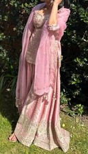 Ladies Indian Pink Handwork Mirror 3 Piece Sharara Suit Size UK 10