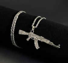 Silver Gun Pendant, Rhinestone, 53cm Chain, Unisex Jewellery, Gangsta, Hip Hop