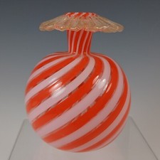 Murano Venetian Orange & White Filigree Glass Vase w Gold Leaf