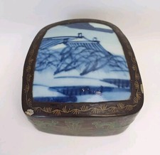 Chinese Porcelain Shard Box Blue White Laquered Floral 4” Vintage or Antique