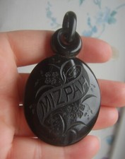 Rare 3" Victorian Whitby Jet Carved MIZPAH Photo Locket Back Mourning Pendant