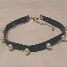 Blue Denim Faux Pearl Choker