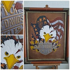 CUSTOM MADE UNIQUE Leather Harley Davidson Framed Picture Eagle Bike Motorcycle