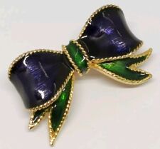Vtg 1960s Sphinx Green & Blue Enamel Gilt Metal Gold Tone 36mm Ladies Bow Brooch