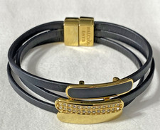 Halcyon Days 3 Layer Gold Tone Black Leather Stainless Steel Bracelet 7.5" NOS