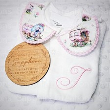 Girls Baby White Sleepsuit Embroidered Personalised Pink Gypsy Romany Wagon Gift