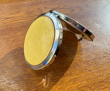 Vintage Circular Compact Mirror Silver Tone Yellow Amber Inlay Rare Collectable