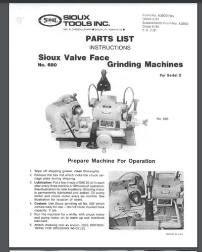 Sioux 680 valve face - sioux, grinding